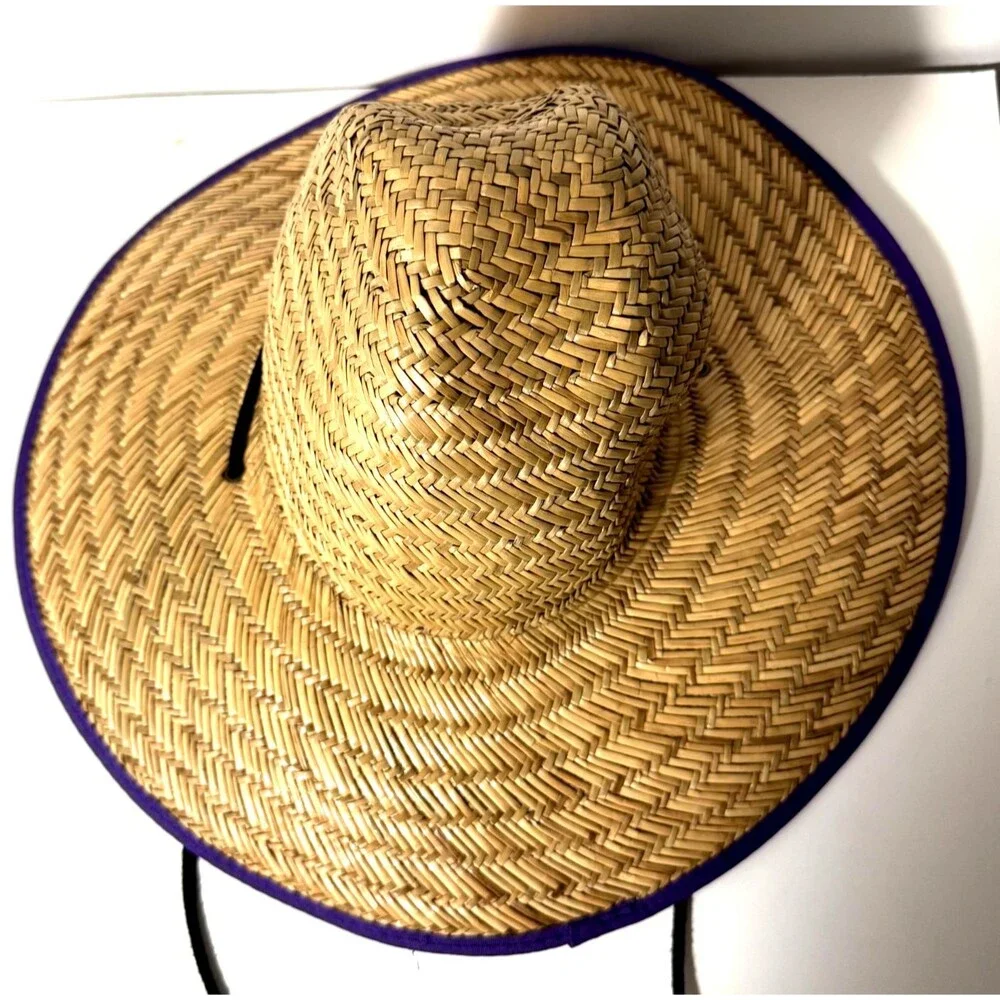 Straw Lifeguard Hat Wide Brim Beach Sun Hat Purple Trim Adjustable Strap (Women)